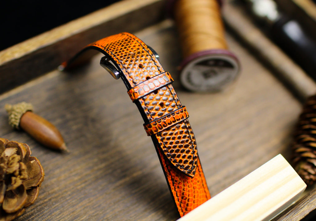 orange & black lizard leather watch strap
