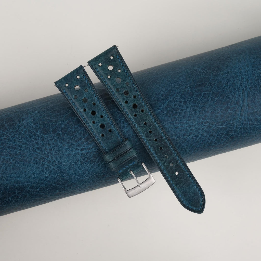 aqua blue waxed leather watch strap
