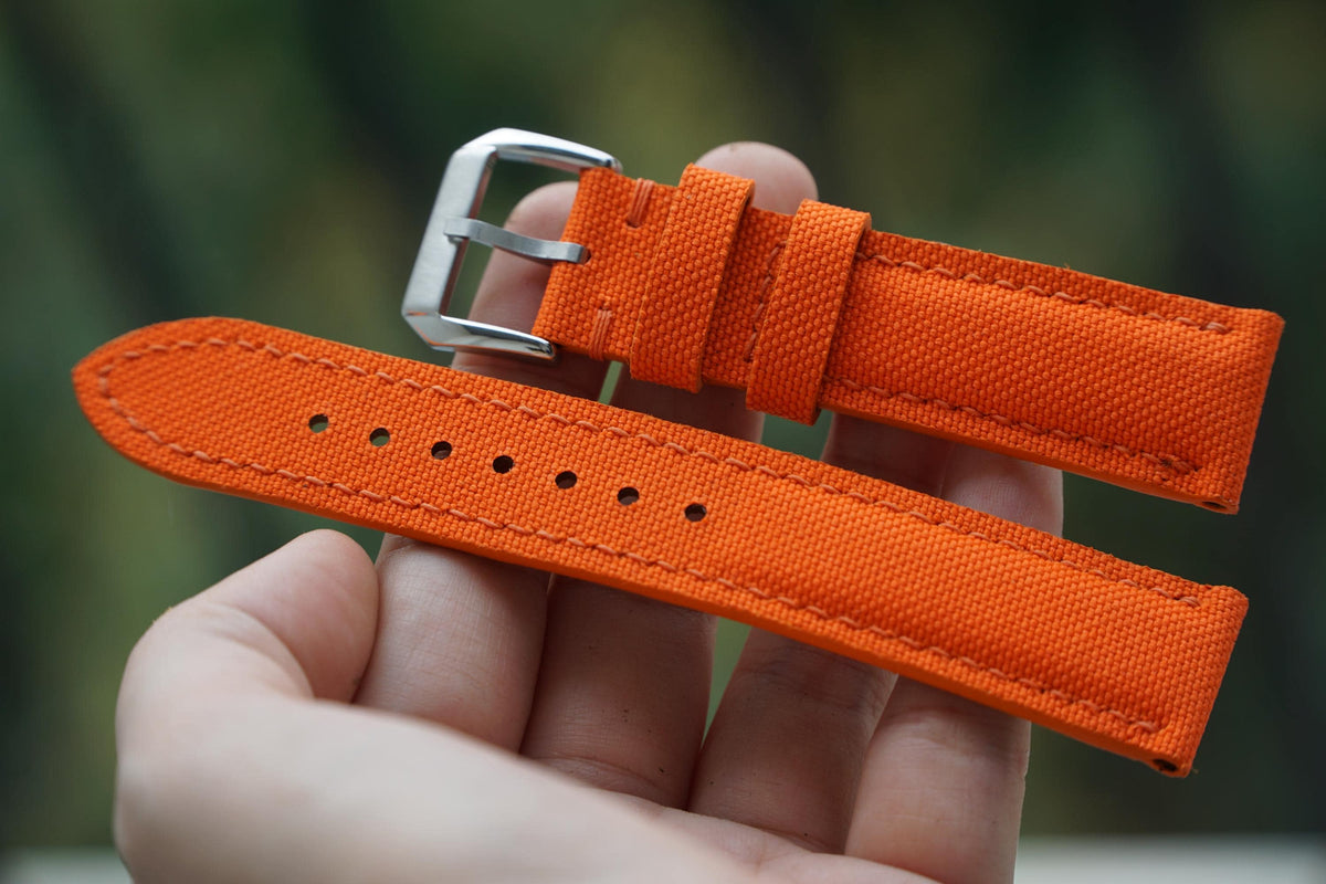 orange sailcloth rubber leather watch strap