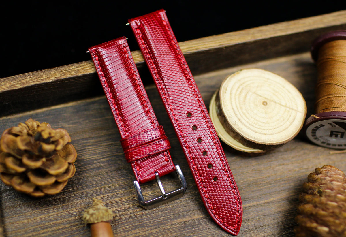 oxblood dark red lizard leather watch strap