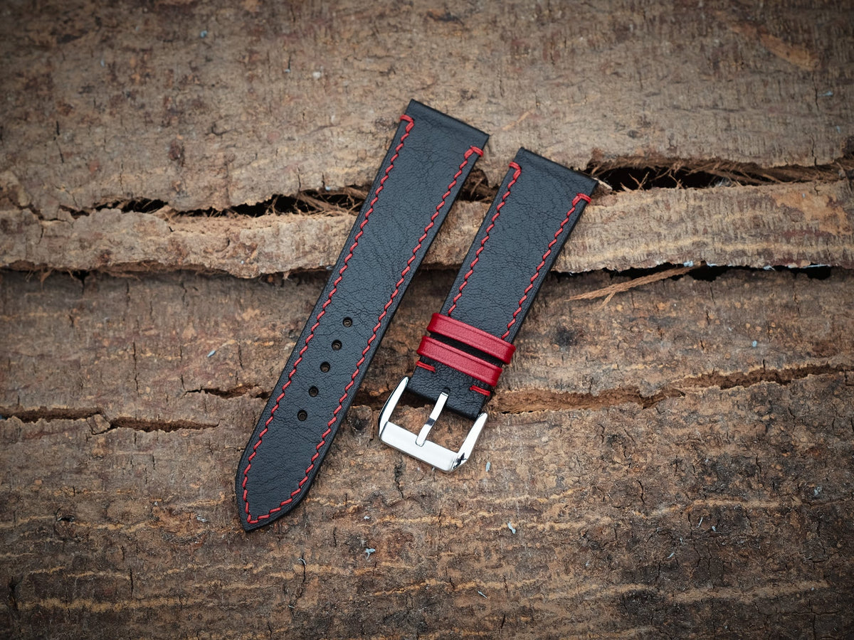 black & red vachetta leather watch strap