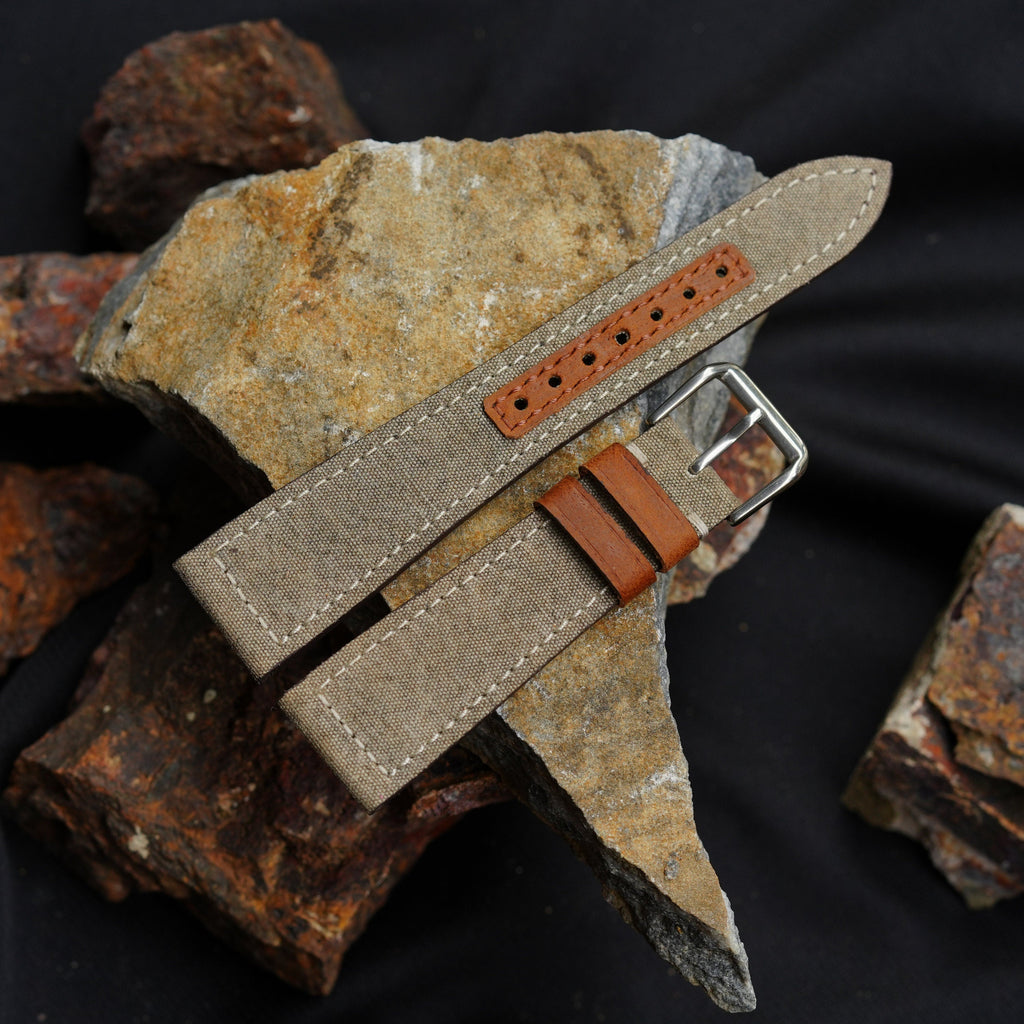 grey & brown sailcloth rubber leather watch strap
