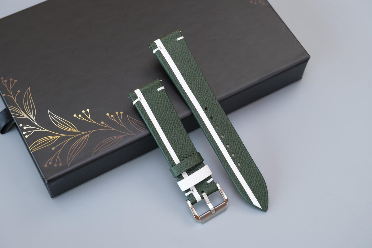 green & white epsom leather watch strap