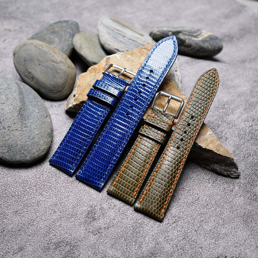 olive & blue lizard leather watch strap