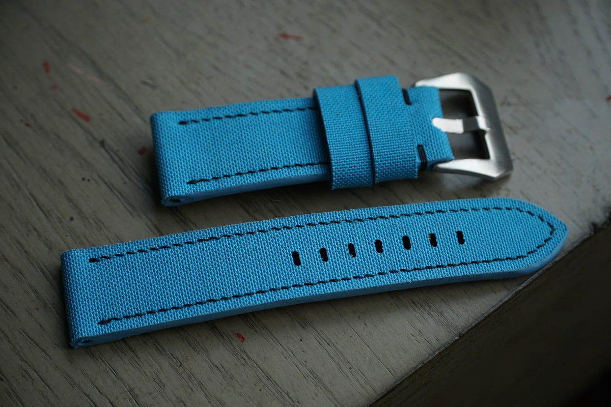 blue sailcloth rubber leather watch strap