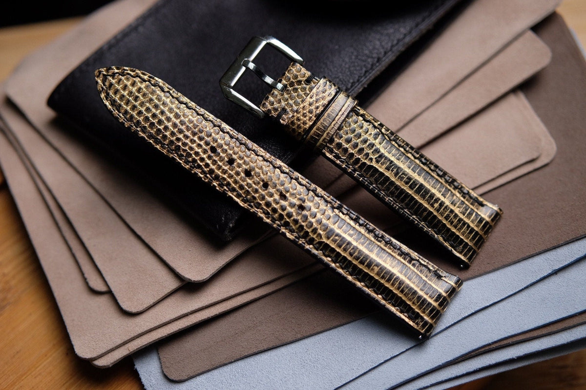 black gold lizard leather watch strap