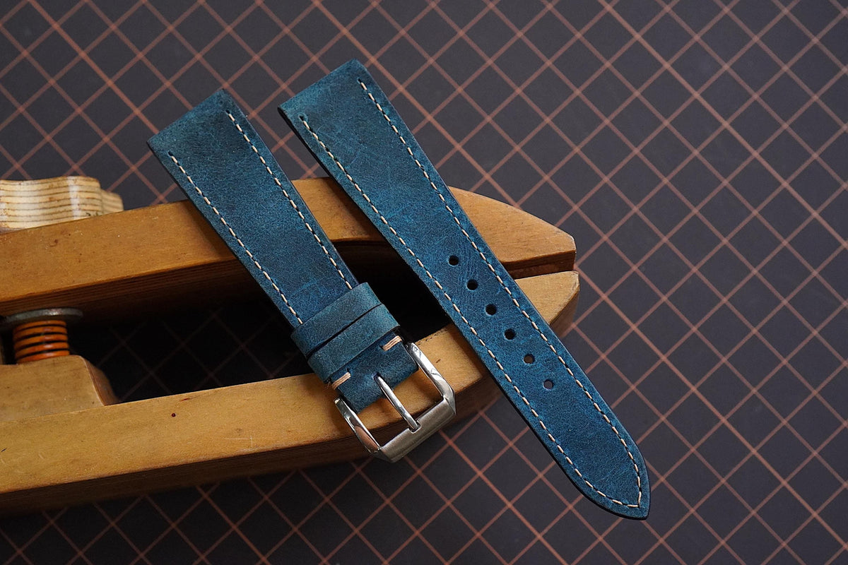 teal blue waxed leather watch strap