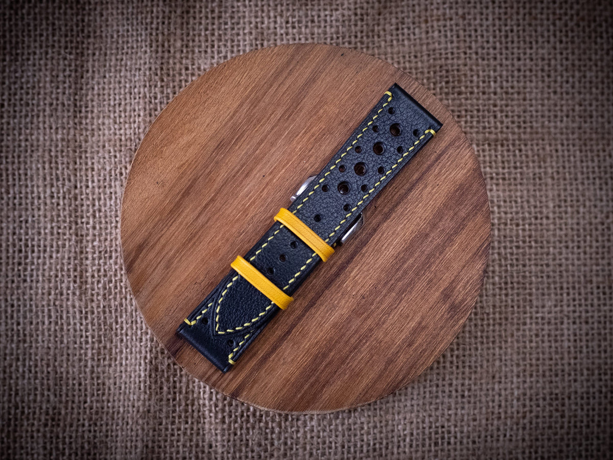 black & yellow vachetta leather watch strap