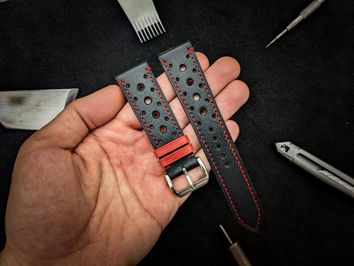 black & red vachetta leather watch strap