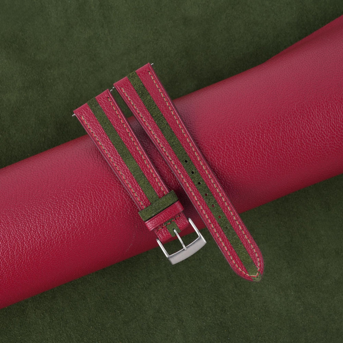 red & forest green suede leather watch strap