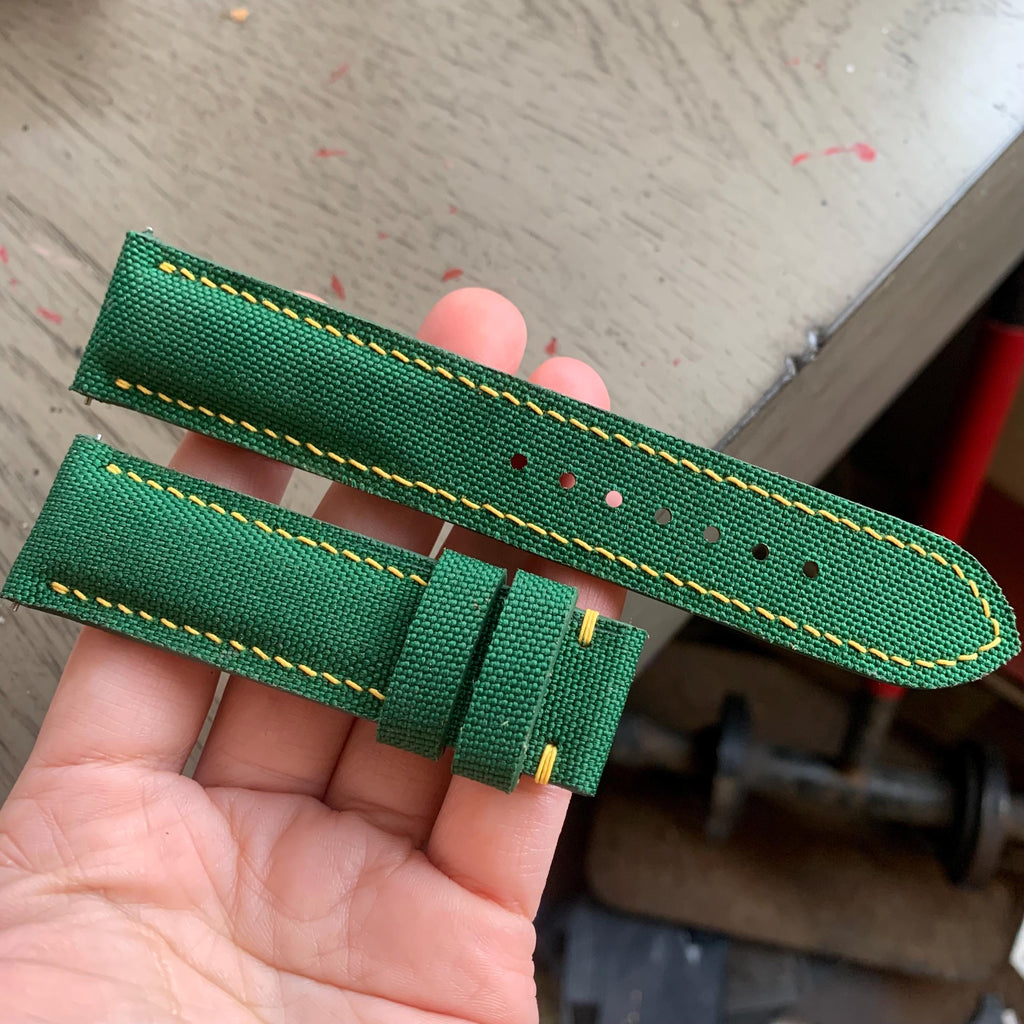 green sailcloth rubber leather watch strap
