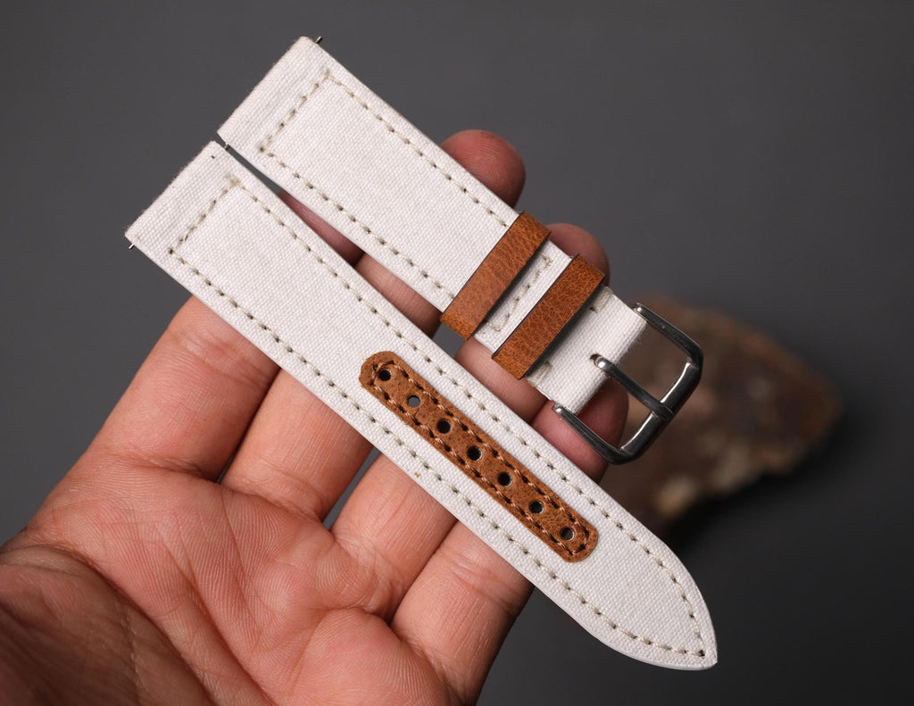 white canvas leather watch strap