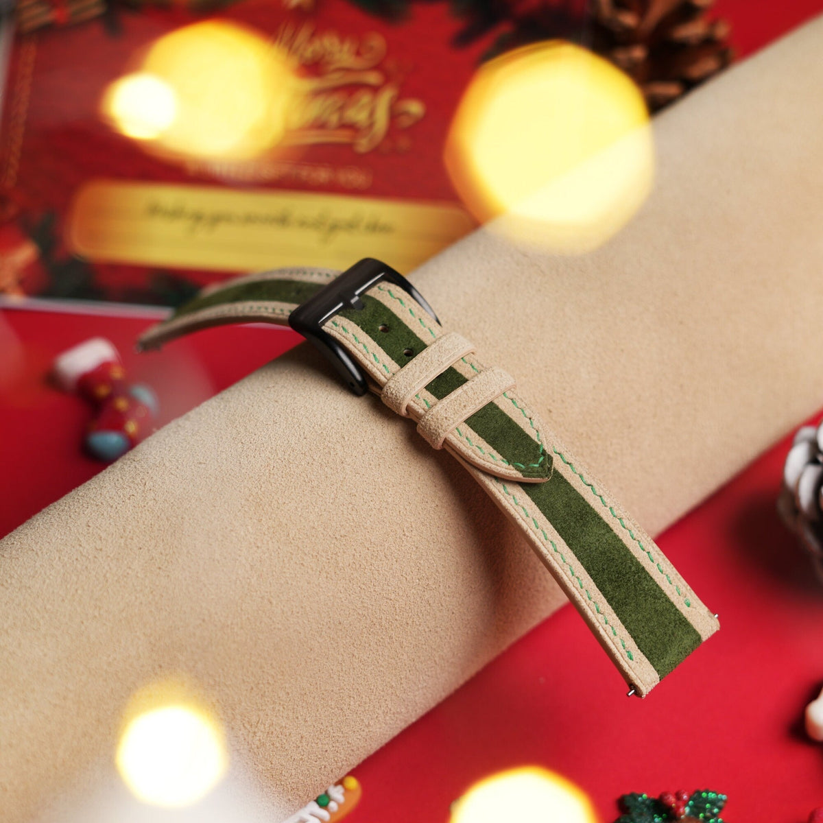 green beige suede leather watch strap – photo 2