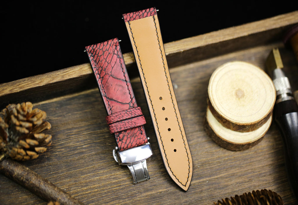 waxy red ostrich leg leather watch strap – photo 2