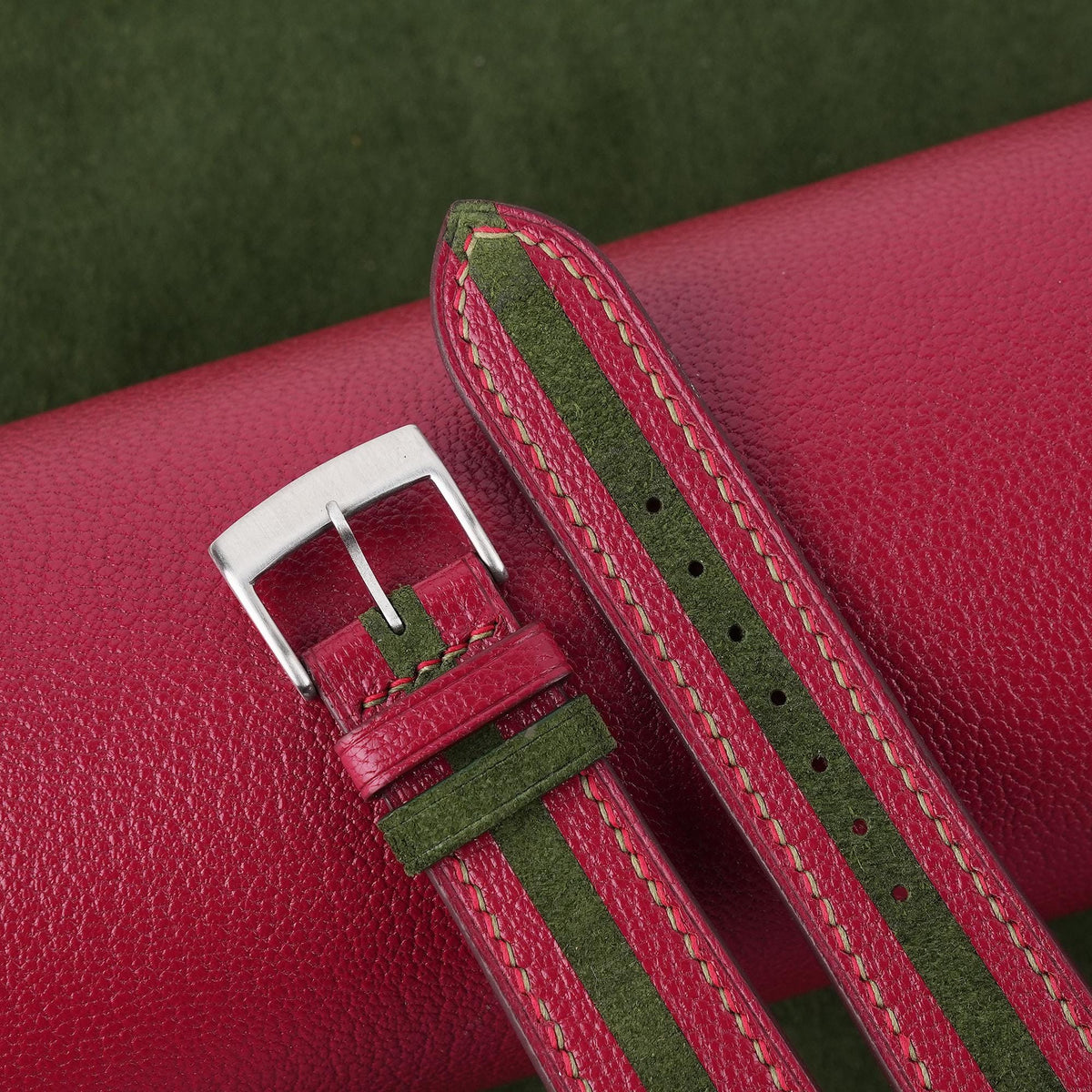 red & forest green suede leather watch strap – photo 5