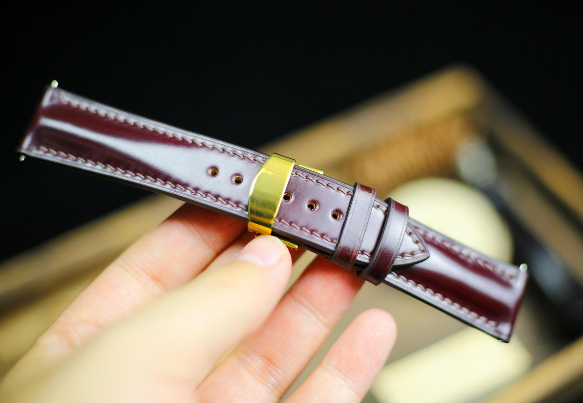 oxblood cherry red shell cordovan leather watch strap with gold clasp – photo 3