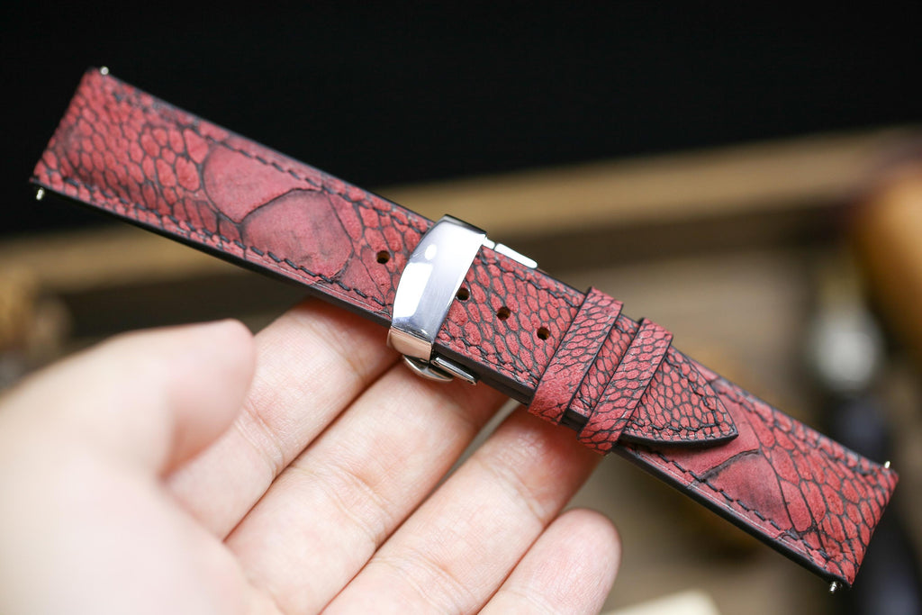 waxy red ostrich leg leather watch strap – photo 3
