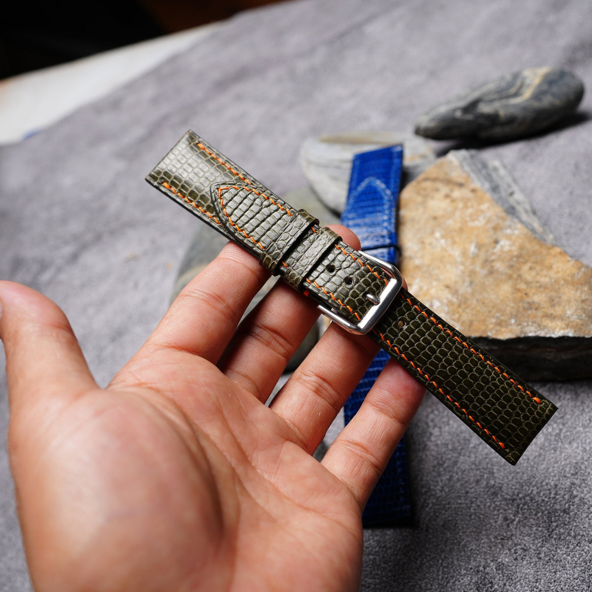 olive & blue lizard leather watch strap – photo 5