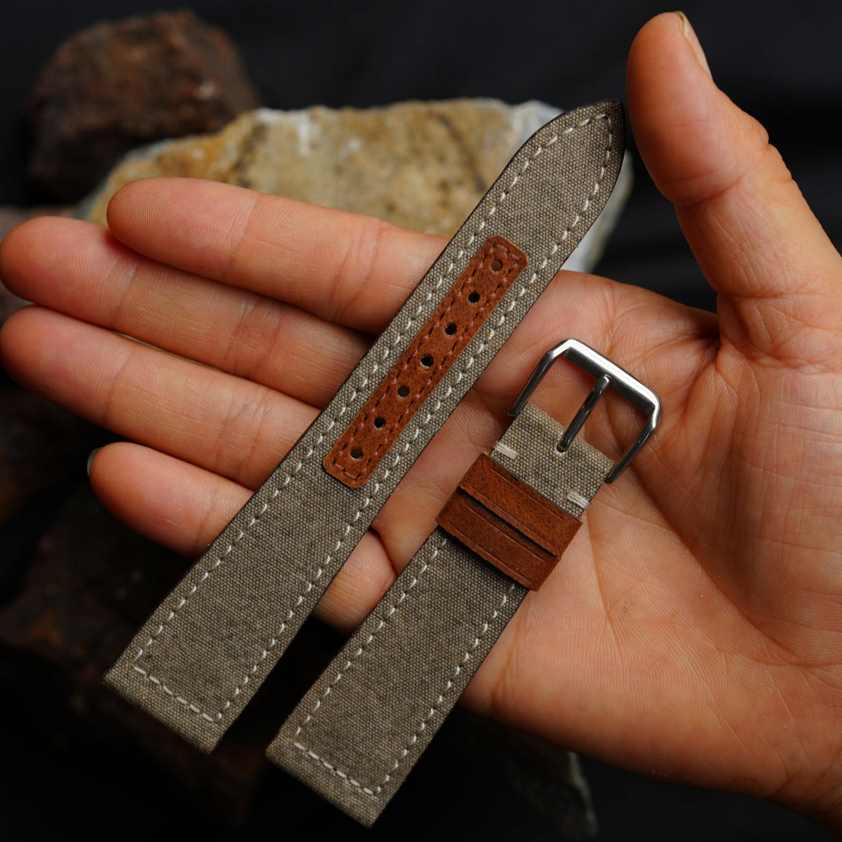 grey & brown sailcloth rubber leather watch strap – photo 7