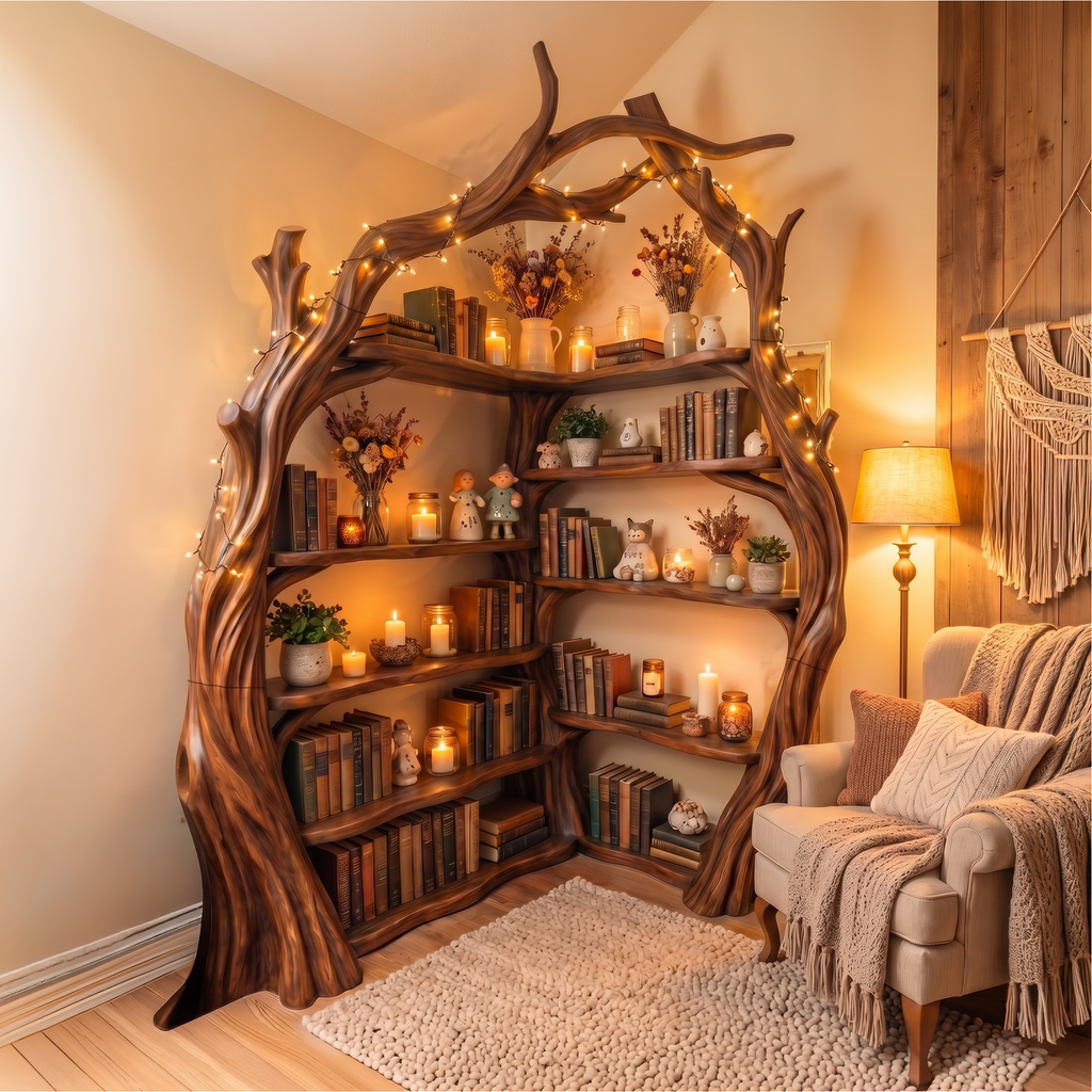 Tree Branch Corner Bookshelf in Solid Wood, Tall Display Shelf