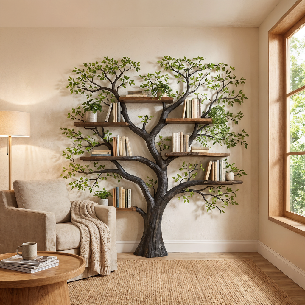 Tree Branch Wall Bookcase with Floating Shelves, 70 x 70 in