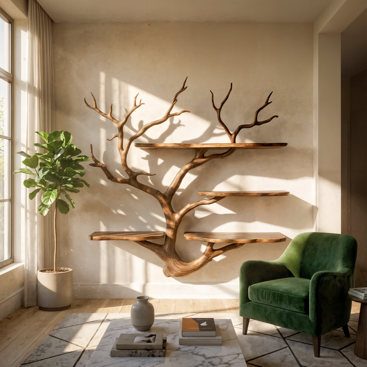 Sculptural Tree Branch Wall Shelf for Living Room and Studio