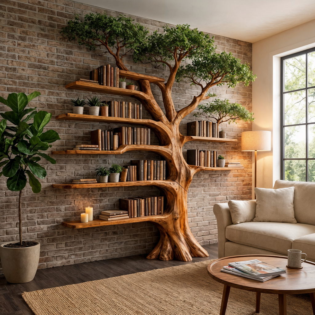 Solid Wood Tree Bookcase with Built-In Reading Bench