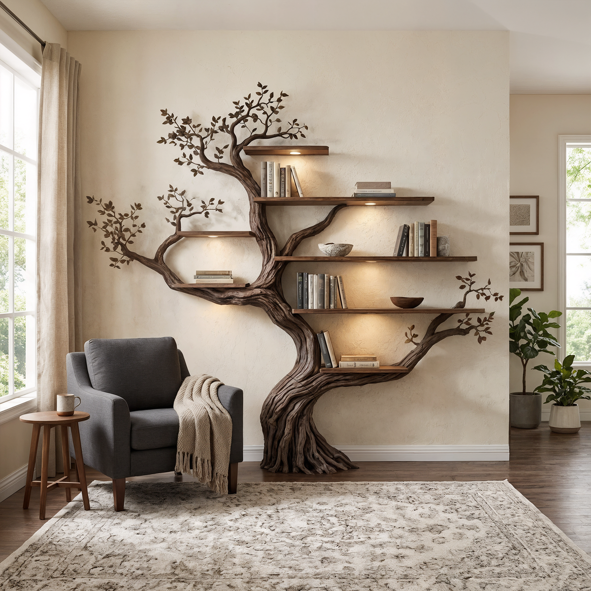 Modern Organic Tree Branch Bookshelf, Flowing Wall Feature