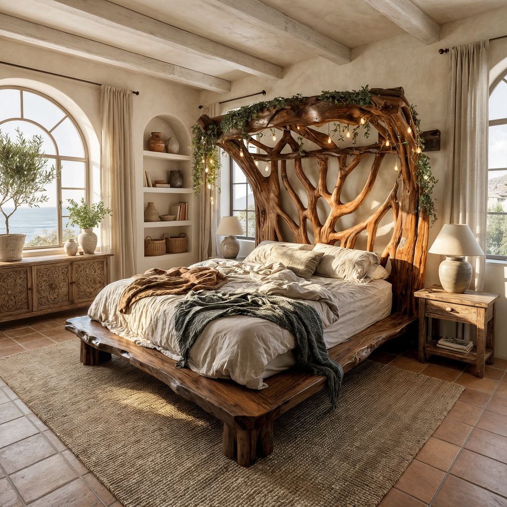 Rustic Solid Wood Tree Bed Frame with Organic Curves