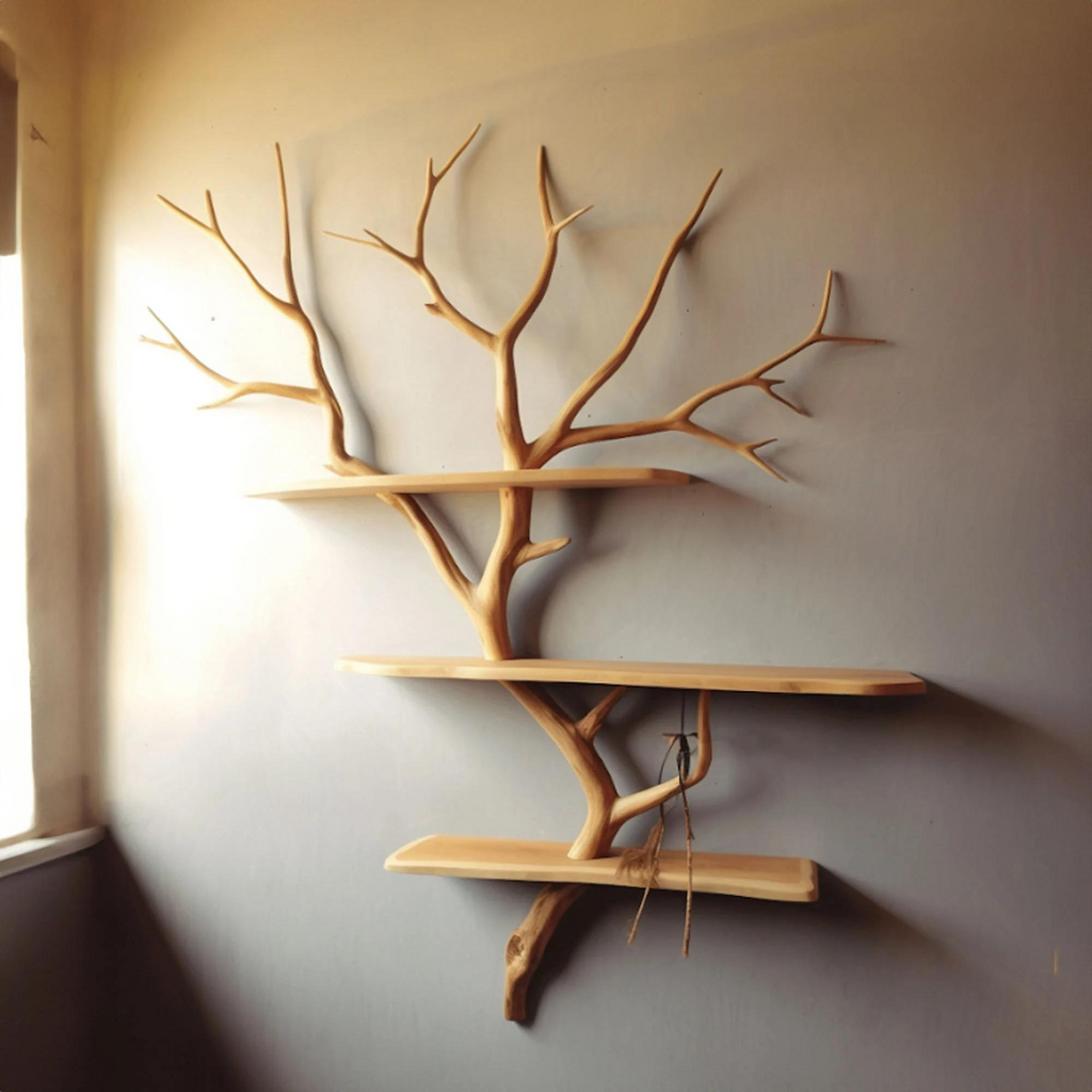 Natural Tree Branch Floating Bookshelf, Wall Mount, 70 Inch