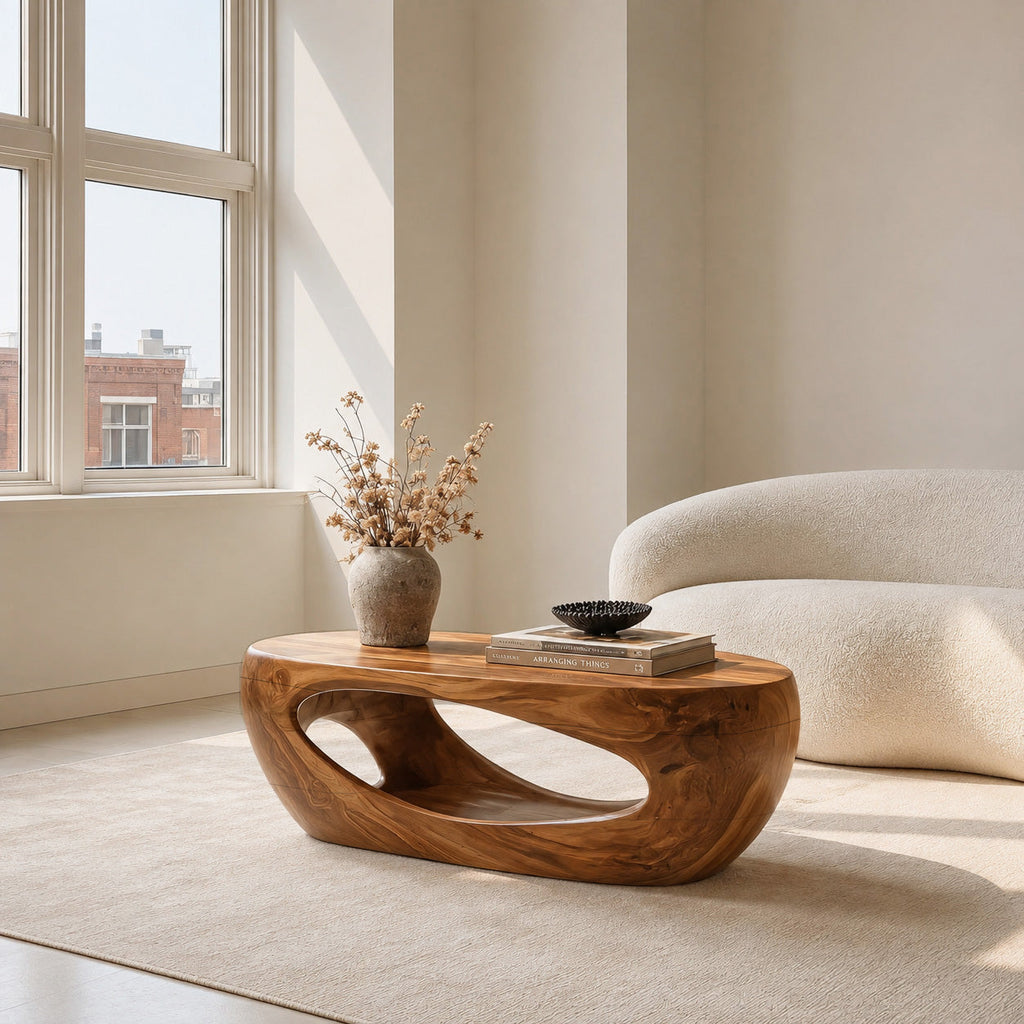 Mid-Century Sculptural Solid Wood Coffee Table with Hollow Cutouts