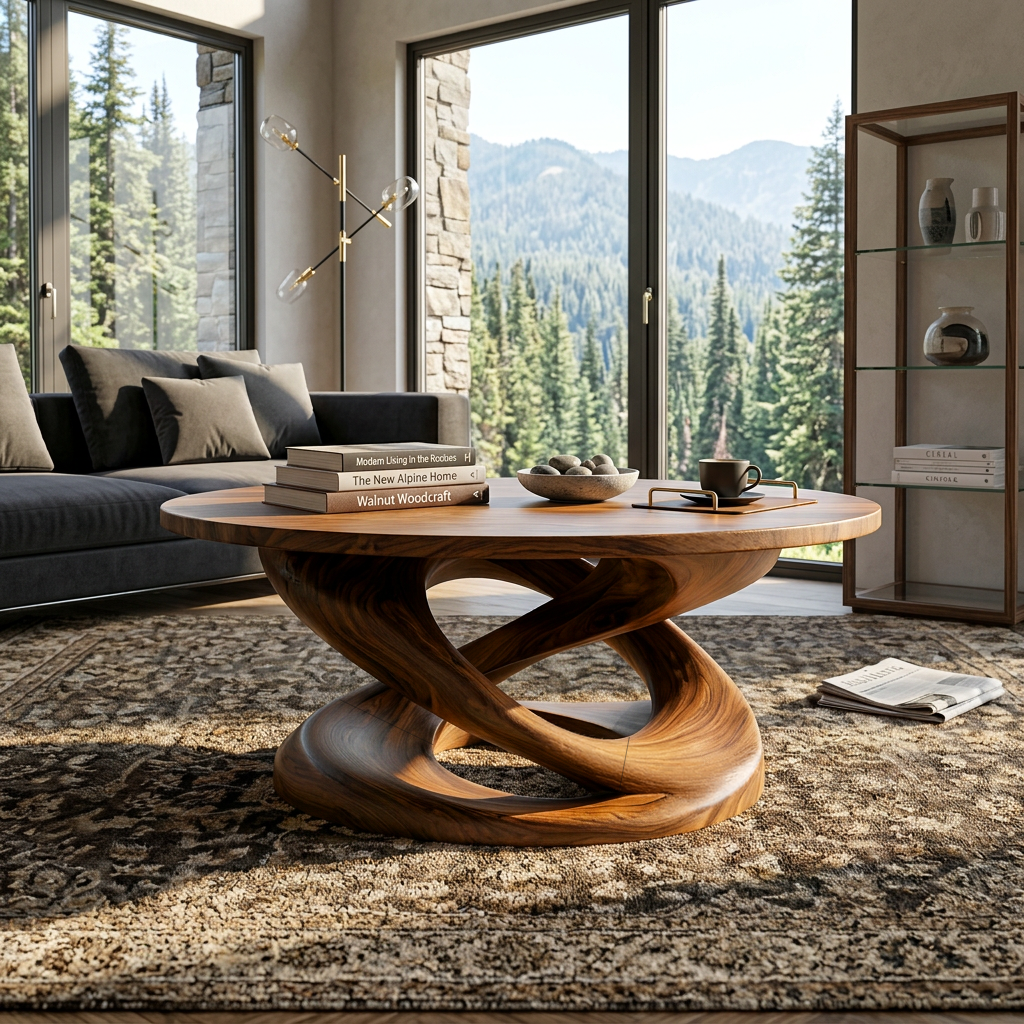 Round Solid Wood Coffee Table with Twisted Sculptural Pedestal