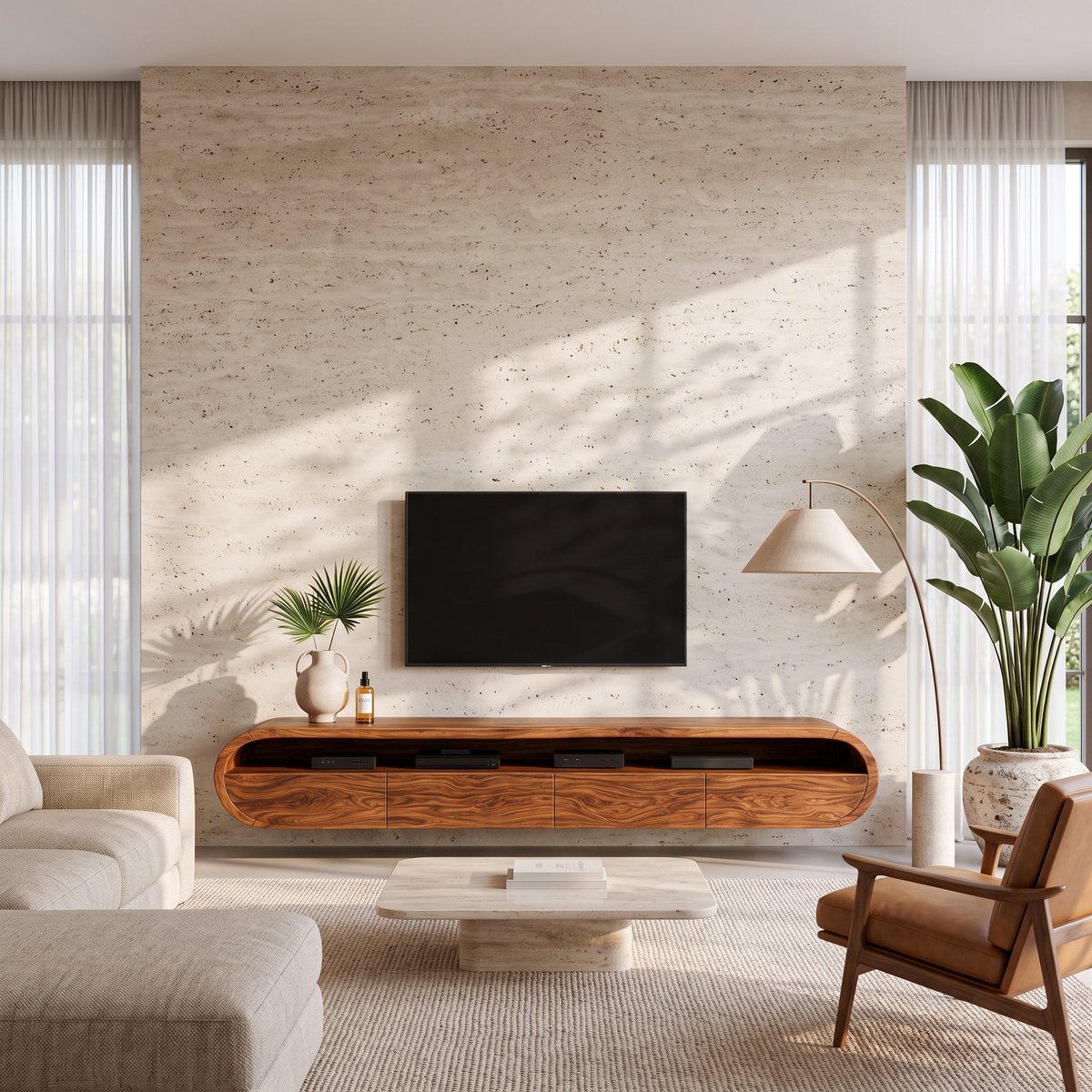 Modern Floating Solid Wood TV Console with Rounded Contours