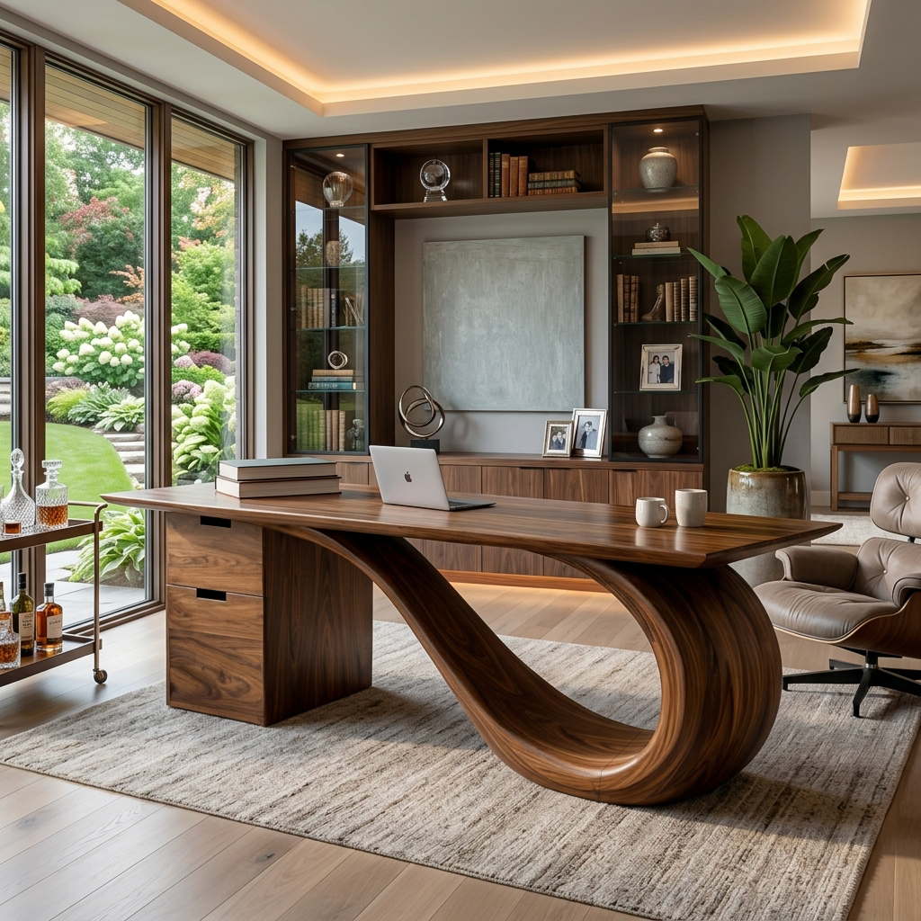 Modern Solid Wood Desk with Curved Sculptural Base and Drawers