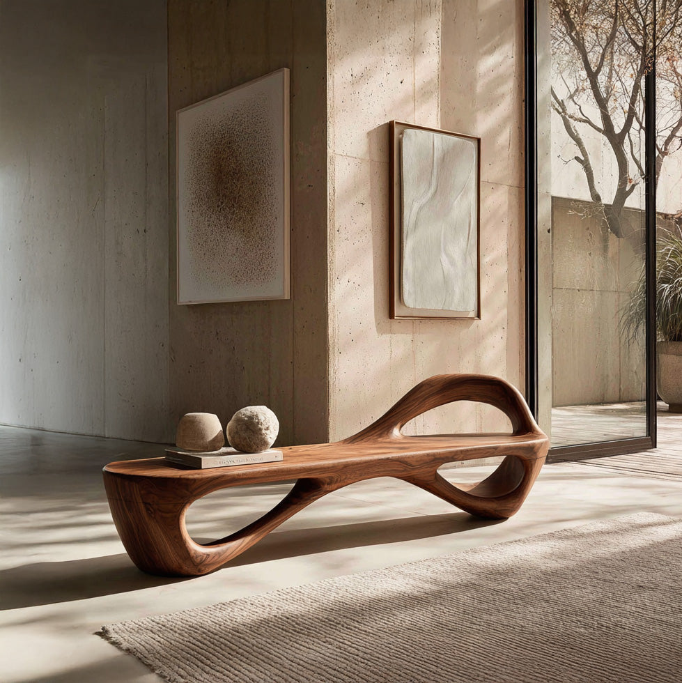 Sculptural Solid Wood Bench with Open Cut-Out Base for Living Room