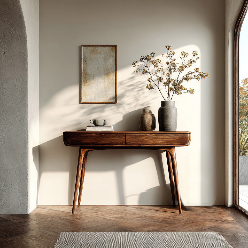 Mid-Century Solid Wood Console Table with Slim Drawer and Tapered Legs