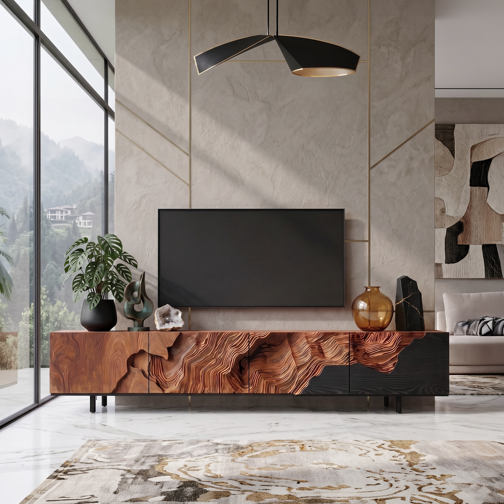 Rustic Solid Wood TV Console Stand with Open Shelving