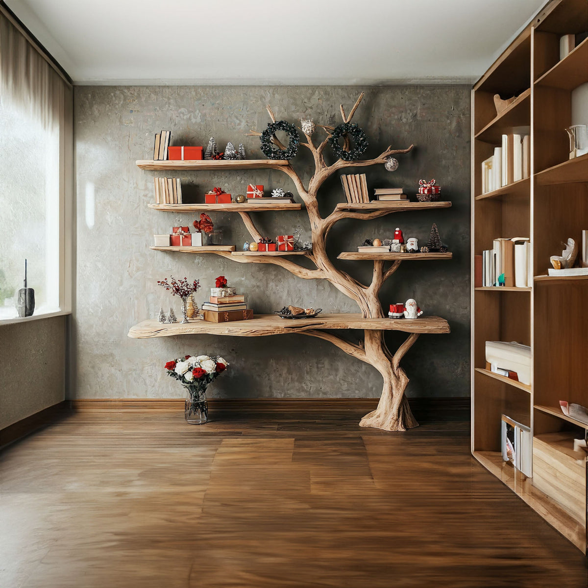 Tall Tree Branch Wall Bookshelf with Driftwood Look, 84 Inch