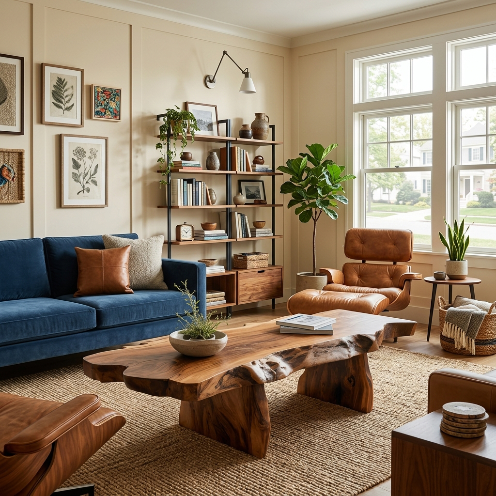 Live Edge Slab Coffee Table with Twin Sculptural Pedestal Bases