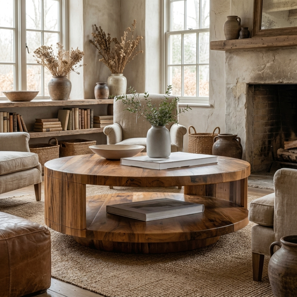 Modern Round Solid Wood Coffee Table with Lower Shelf