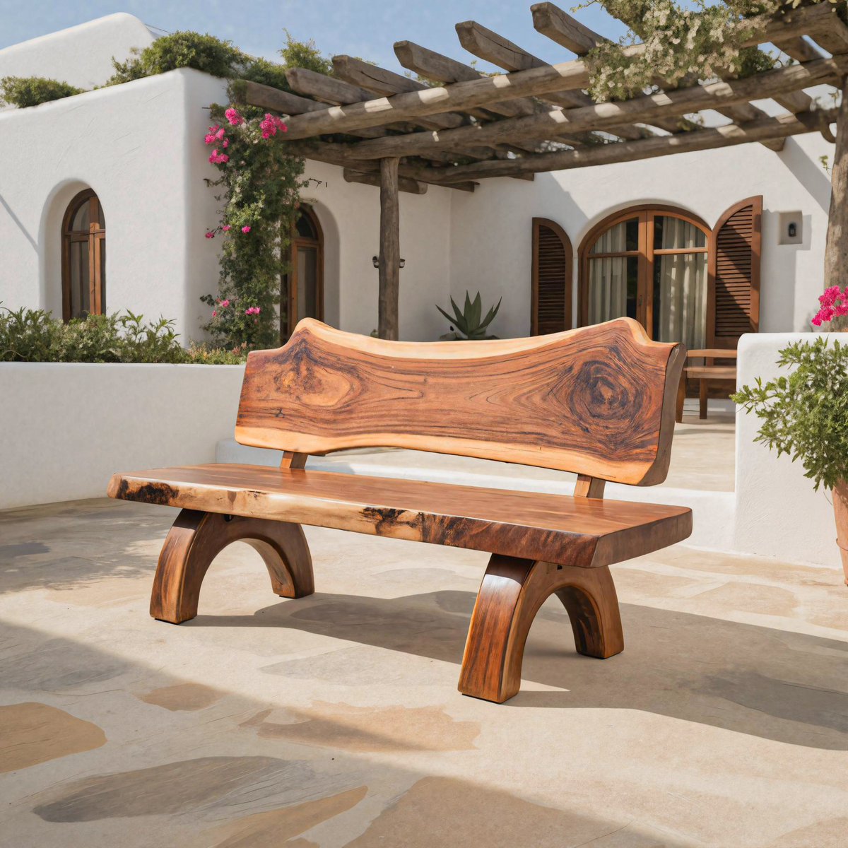 Rustic Live Edge Solid Wood Bench with Backrest for Patio
