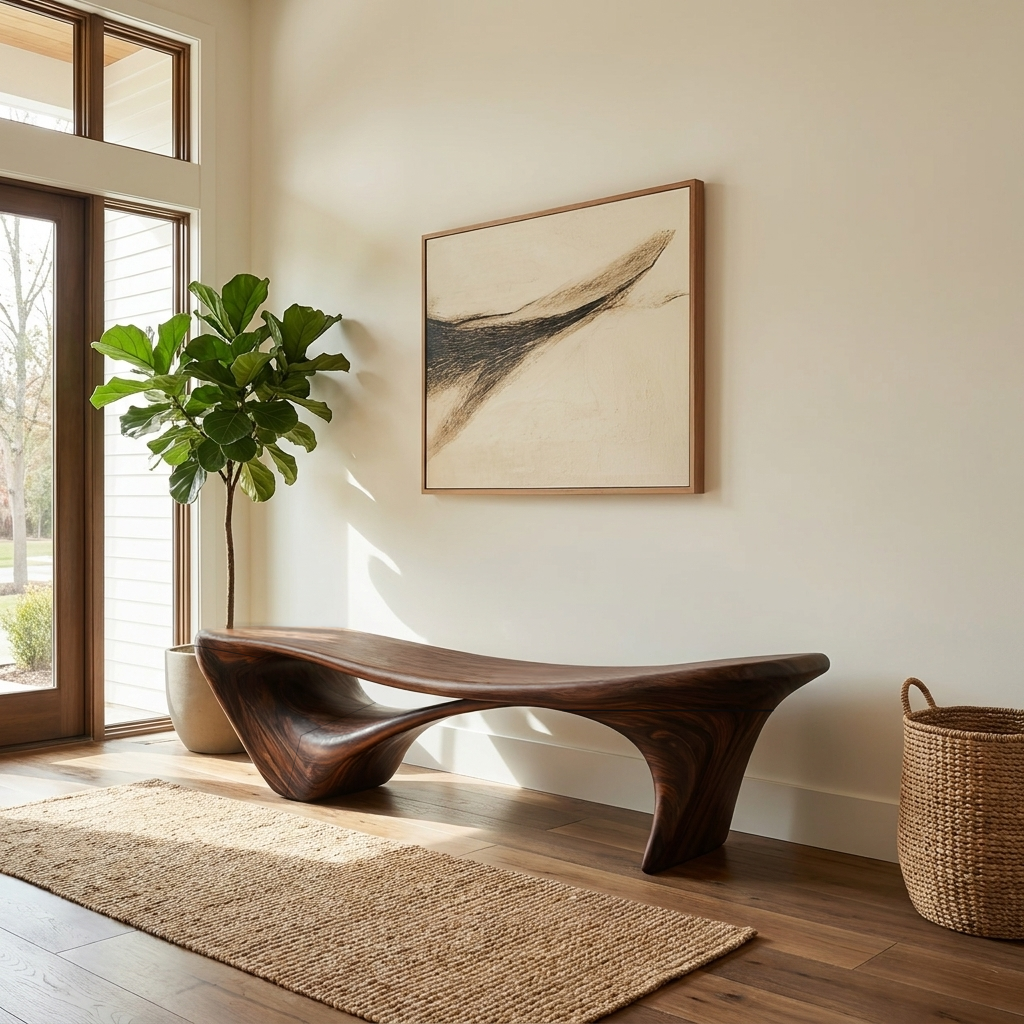 Wave-Form Sculptural Solid Wood Bench for Entryway or Living Room
