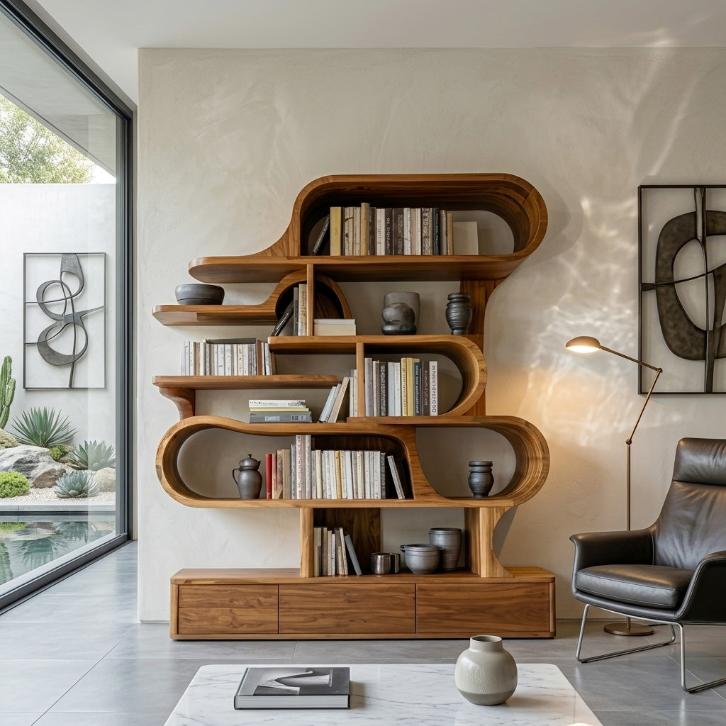 Curved Sculptural Solid Wood Bookshelf with Layered Shelves