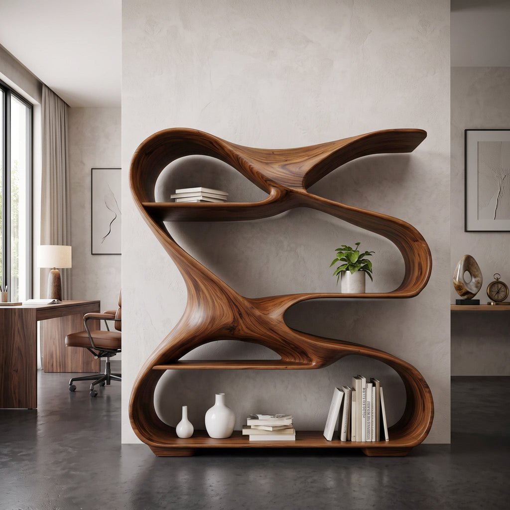 Modern Freeform Sculptural Wood Bookshelf for Office Display