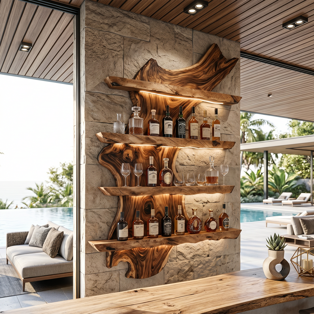 Monkey Pod Wood Wall Wine Rack in Mid-Century Style