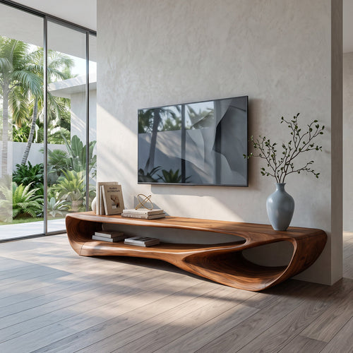 Curved Solid Wood Low TV Console with Open Center