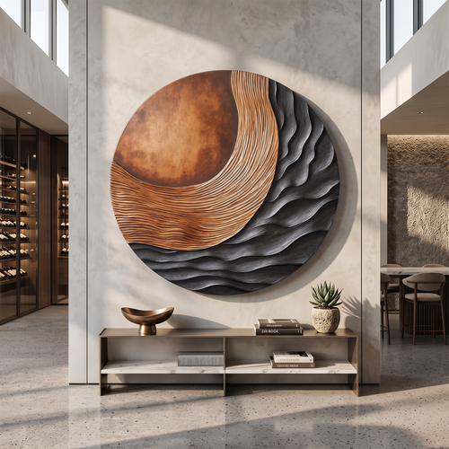 Carved 3D Wood Wall Art Panel for Bedroom with Tidal Folds