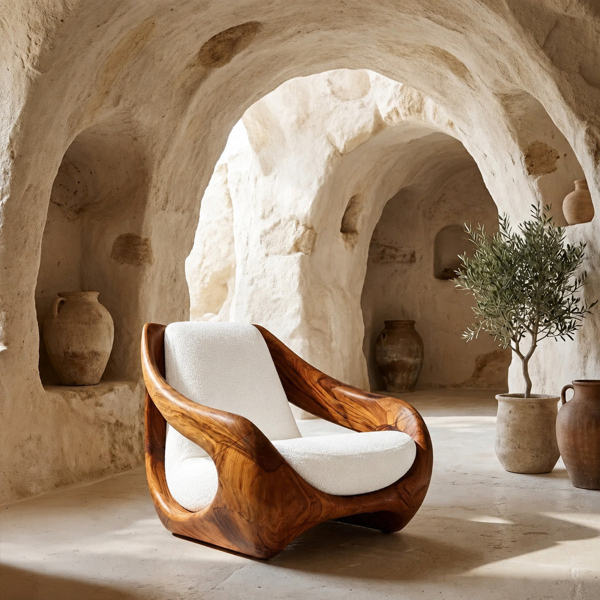 Sculptural Solid Wood Accent Chair with Carved Organic Curves