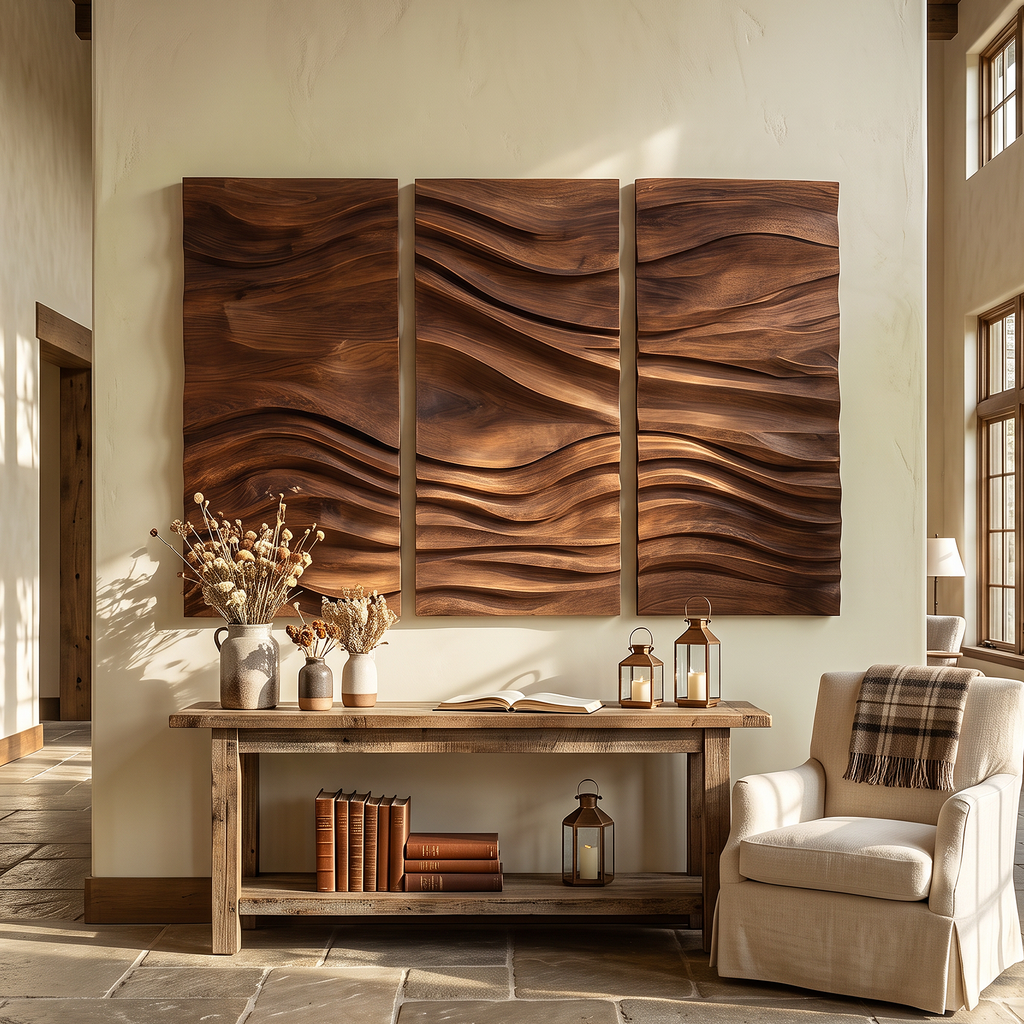 Hand-Carved Hardwood Wave Wall Sculpture for Entryway