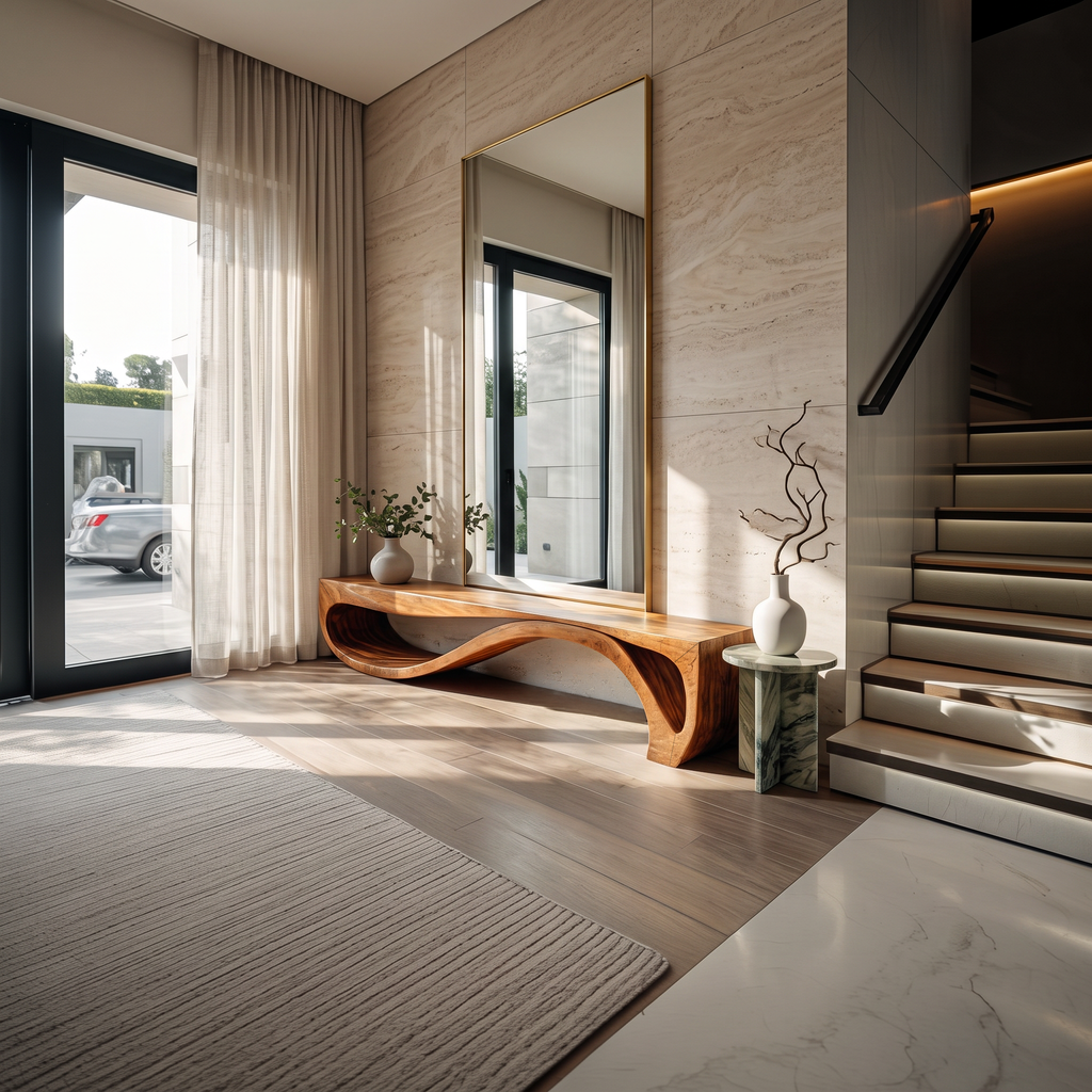 Sculptural Solid Wood Bench with Wave Base for Entryway